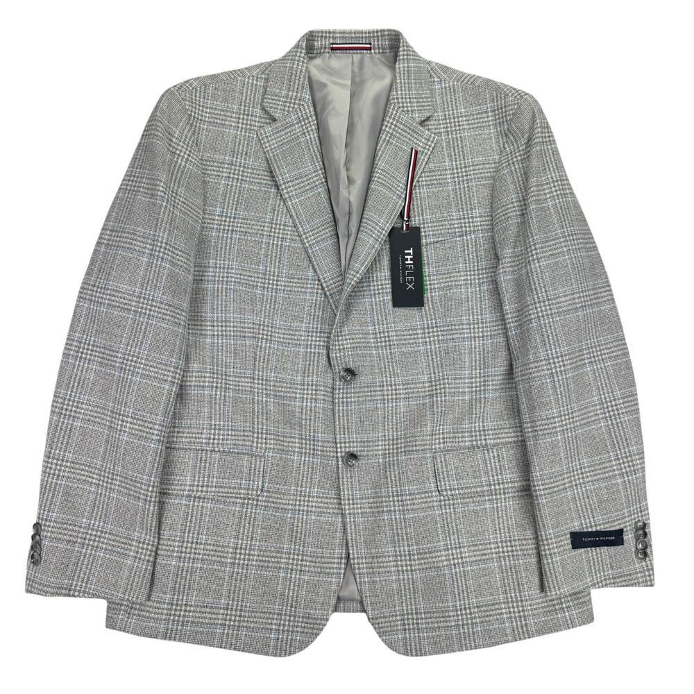 Tommy Hilfiger Mens TH Flex Conrad Modern Fit Plaid Sport Coat Gray Blue 44S